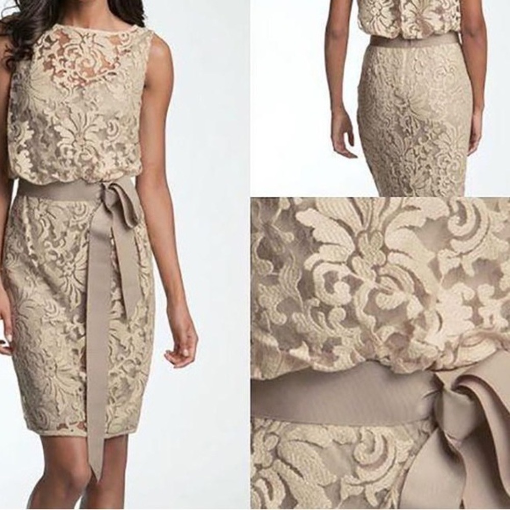 Tadashi Shoji Lace Overlay Blouson Ribbon Midi Dress Size 14